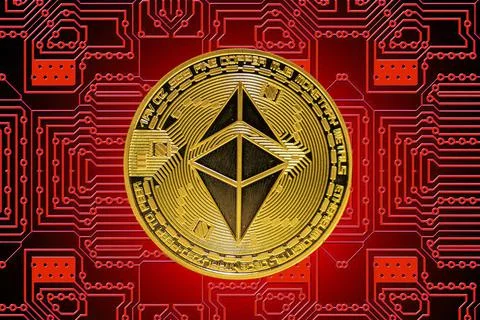 Golden valueable single ether from ethereum crypto currency with a red board  Stock Illustration