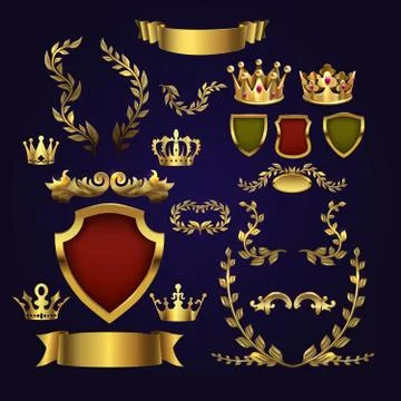 Golden vector heraldic elements. Kings crowns, laurel wreath and royal shield 库存插图
