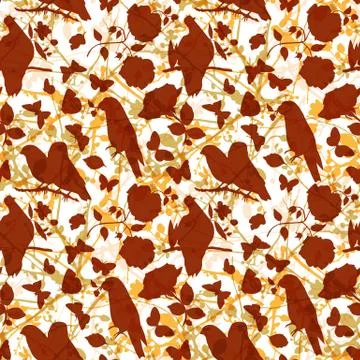Golden vector pattern with silhouettes of birds, butterflies and 库存插图