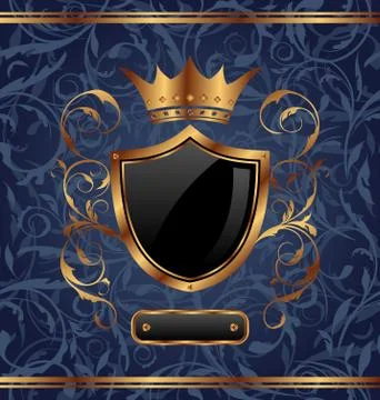 Golden vintage with heraldic elements (crown, shield), seamless floral textur Stock Illustration