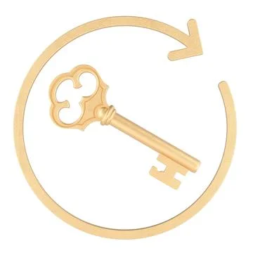 Golden vintage key inside circular arrow. 3D rendering Stock Illustration