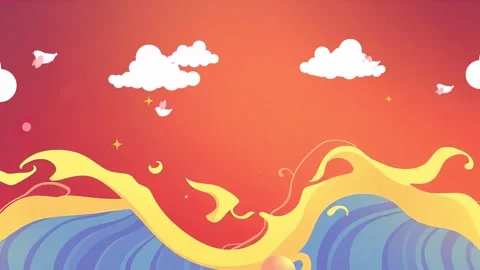 Golden Waves with Sunset Sky: Animated Scene Featuring Large Waves, Warm Colors Stock Footage 307473013