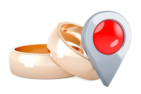 Golden wedding rings with map pointer. 3D rendering Illustrazione stock