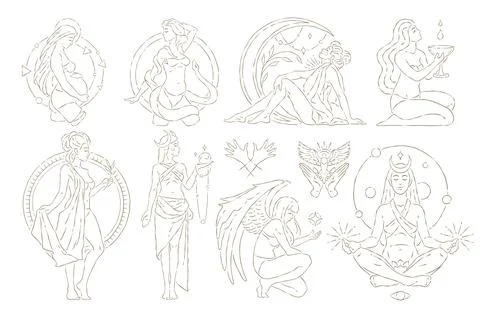 A Golden Whimsical Vector Illustration Set Of Mystic And Celestial Woman Icon Stock Illustration