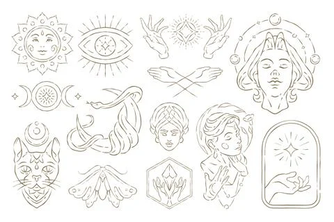 A Golden Whimsical Vector Illustration Set Of Mystic And Celestial Icons Illustrazione stock