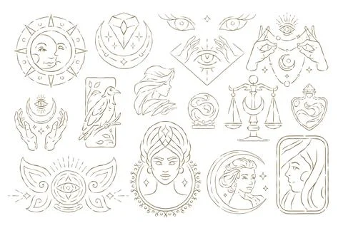 A Golden Whimsical Vector Illustration Set Of Esoteric And Magic Icons Stock-Illustration