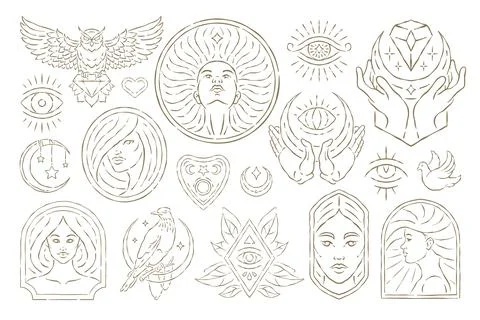 A Golden Whimsical Vector Illustration Set Of Mystic And Celestial Icons 스톡 일러스트