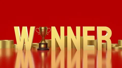 Golden Winner Text With Trophy And Coins Success Concept 3d render. Stock Illustration