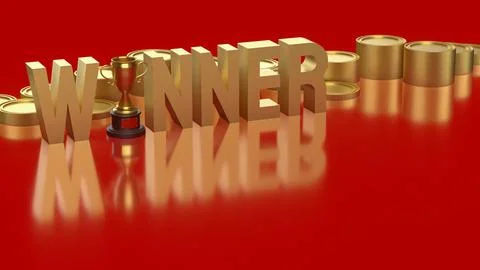 Golden Winner Text With Trophy And Coins Success Concept 3d render. Stock Illustration