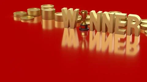 Golden Winner Text With Trophy And Coins Success Concept 3d render. Stock Illustration