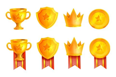 Golden winner trophy cup vector icon, game champion prize badge set Illustrazione stock