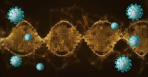 Golden wireframe DNA double helix extending in dark 3D background, with floating Stock Illustration