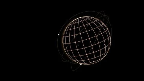 Golden wireframe globe rotates with white dots orbiting on elliptical paths Stock Footage 345183569