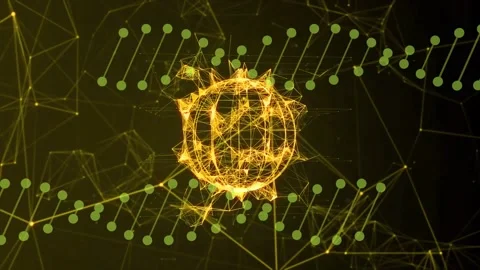 Golden wireframe sphere pulsing drifting and emitting flares as green ribbons Stock Footage 334337862