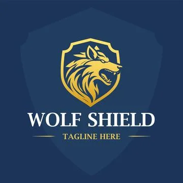 Golden Wolf head logo with shield shape vector illustration Illustrazione stock