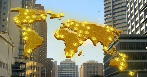 Golden world map overlay appearing on load above avenue settling and pulsing Stock Footage 334419245