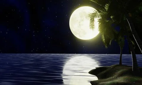 The golden yellow full moon is reflected in the sea. A wave of water from t.. Stock Illustration