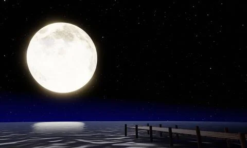 The golden yellow full moon reflected sea. The sky has many stars. Ripples .. Stock Illustration