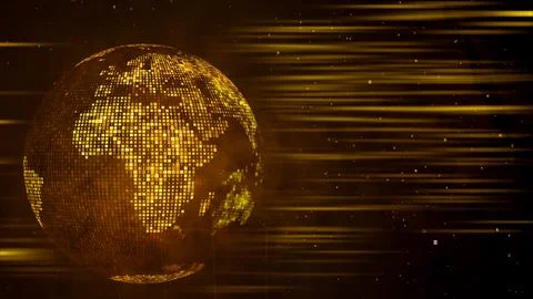 Golden Yellow Mosaic Binary Digital Globe Map Side Of Africa Europe Light Streak Illustrazione stock