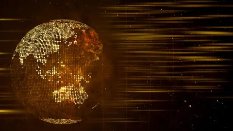 Golden Yellow Mosaic Binary Digital Globe Side Of Asia Australia Light Streak Illustrazione stock