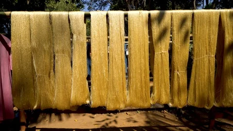 The golden yellow silk thread is exposed on the bamboo rail. Stock Footage 101341074