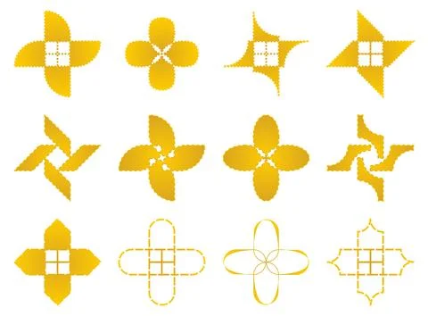 Golden yellow solid and dashed geometric icons set, vector floral symbols c.. Stock Illustration