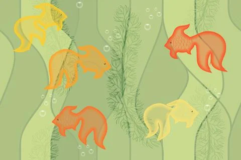 Goldfish, algae and air bubbles seamless pattern Stock Illustration