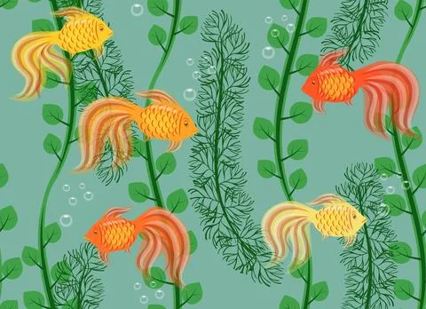 Goldfish and algae vector pattern Stock Illustration