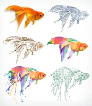 Goldfish, different styles, vector drawing, icon set Stock Illustration
