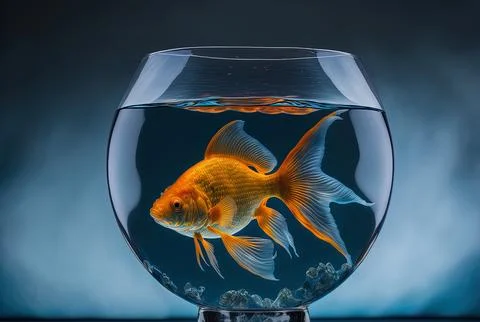 A goldfish in a fishbowl shaped glass on a blue backdrop. taken using a 5D Mark Stock Illustration