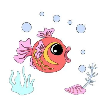 Goldfish with shells, bubbles and algae in the ocean. For posters, prints on Illustrazione stock