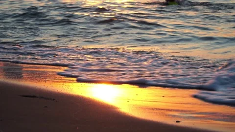 Golding time sunset on the beach  sea, beach, waves on the beach, sunset time Stock Footage 166042003