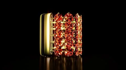 Goldish armlet with red ruby gemstones on black, fictive Illustration