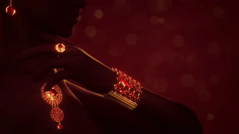 Goldish jewelry set with red ruby gemstones Stock Footage 194990928