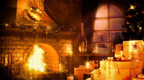 Goldish many present boxes and lighting hearth for new year Stock Illustration