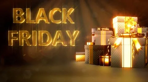 Goldish present box pile with text for black friday give-away - Illustrazione stock