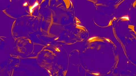 Goldish transpicuous fluid spheres floating on purple bg Stock Illustration