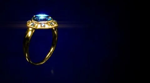 Goldish wedding ring with blue diamond or topaz with free place, fictitious Stock Illustration