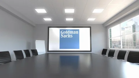 The Goldman Sachs Group logo on the screen in a meeting room. Editorial 3D Video stock 87696264