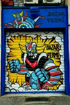 Goldrake mural on storefront, Rome Stock Photos