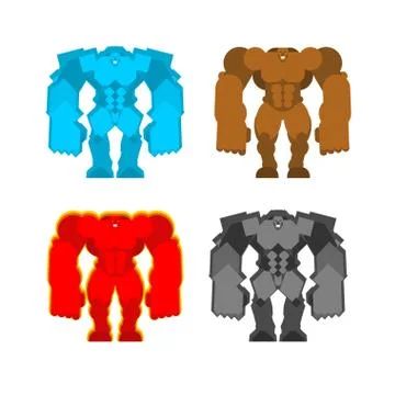 Golem set. Mud and Ice. Stone in fire. Four forces Fantastic Magic Big Monste Stock Illustration