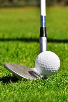 Golf ball and driver Golf ball and driver, ready to strike, on a real golf... Stock Photos