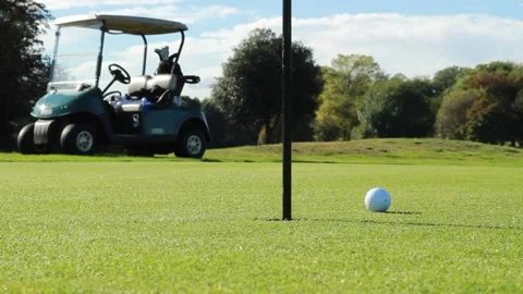 Golf ball and golf cart on putting green Stock Footage