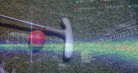 Golf ball and putter being visualized on green turf, showing binary code, grid, Stock Footage 307452213