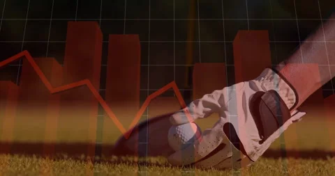 Golf ball being held on green underlay, flat design red bar chart and line graph Stock Footage 307451916