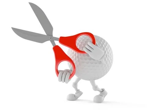 Golf ball character with scissors Illustrazione stock