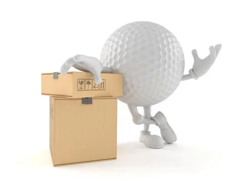 Golf ball character with stack of boxes Illustrazione stock