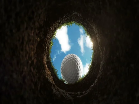 The golf ball gets into the hole, the hole view Stock Footage