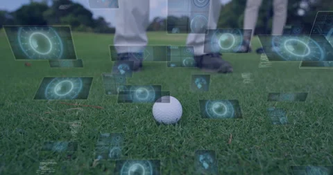 Golf ball on grass with digital data processing animation over player's feet Stock Footage 304159669