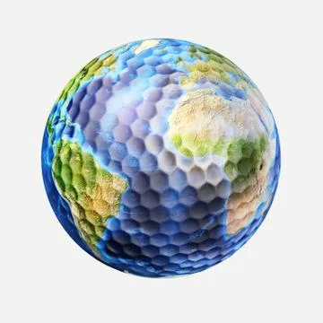Golf ball isolated on white background, with earth planet map. Stock Illustration